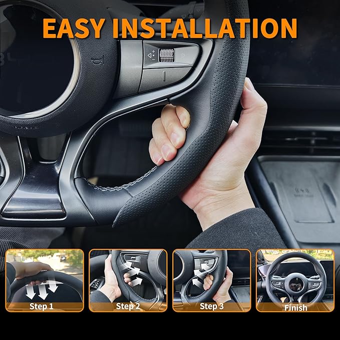 Nappa Leather Steering Wheel Cover, Universal 15 Inch Snap On Car Steering Wheel Cover for Men/Women, Comfortable & Breathable Microfiber Car Accessories Interior (Black)