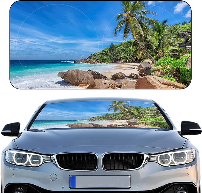 Windshield Sun Shade Foldable Car Front Window Covers for Car Accessories Sun Heat UV Rays Visor Protector Protection for Universal Cars SUV Truck(Beach)