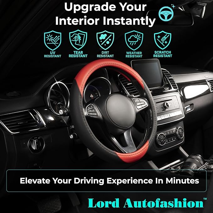 Lord Autofashion Steering Wheel Cover – PU Leather, Non-Slip Rubber Inner, All-Season Comfort – 14.5–15 Inch (Black/Red 7414)