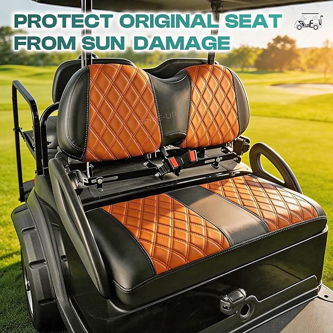 DRIVE UP Club Car Diamond Seat Covers, Brown Diamond Golf Cart Front Seat Covers Fits for Club Car Precedent Golf Carts, Black Stitching Seat and Backrest Leather Covers, Anti-Scratch and Waterproof