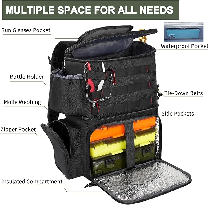 MATEIN Fishing Backpack, Water Resistant Tackle Storage Bag with Rod Holders & Cooler, Fishing Gifts for Men