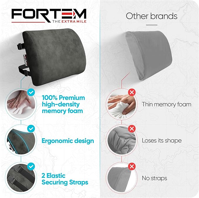 FORTEM Lumbar Support Pillow for Office Chair, Lumbar Support Pillow for Car, Back Rest for Gaming, Memory Foam Pillow, Desk Chair Cushion, Breathable & Washable Cover, Adjustable Straps