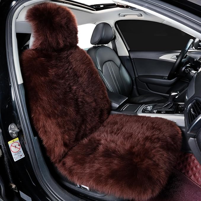 OGLAND Fluffy Sheepskin Car Seat Cover-Fuzzy Fur Auto Cushion for Universal Automotive Protector (Mocha, 1 Pcs Front Seat Cover)