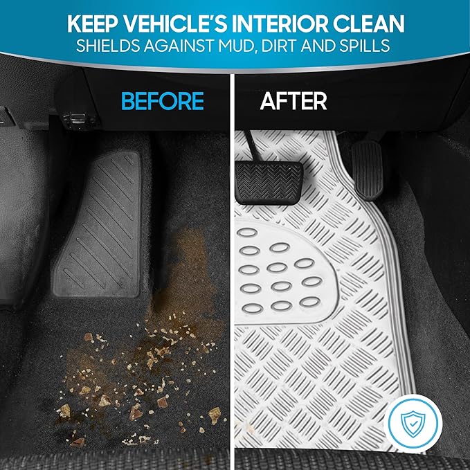 BDK Metallic Chrome Car Floor Mats All-Weather Universal Fit Automotive Floor Mats for Cars SUVs, Floor Mats for Trucks, Car Mats Full Set Front & Rear, Non-Slip Backing - Silver
