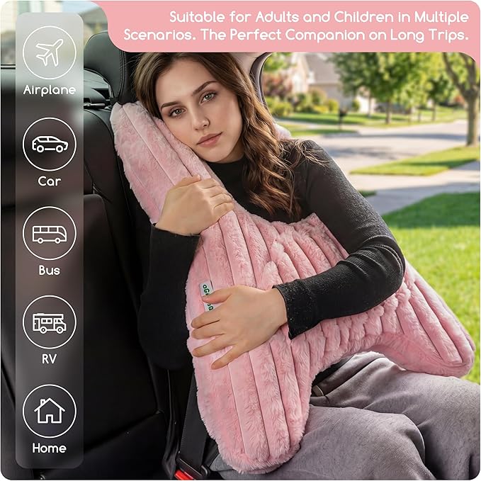 HIGOGOGO Washable Travel Pillow, Car Pillow for Kids & Adults, Upgraded Travel Pillows with Removable Soft Cover and High-Support Foam, Fix Neck and Body Sitting/Sleeping on The Trip, Pink