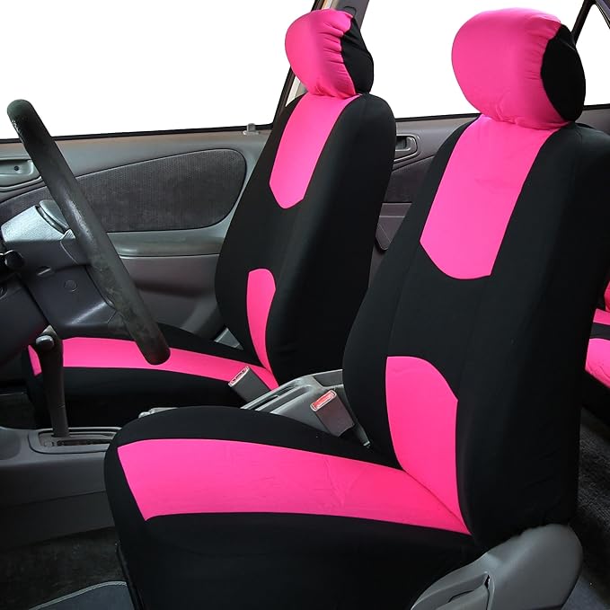 FH Group Car Seat Covers Flat Cloth Automotive Pink Full Set, Rear Solid Bench Universal Fit Combo Steering Wheel Cover & Seat Belt Pads Car Seat Protector for Cars Trucks SUV Interior Accessories
