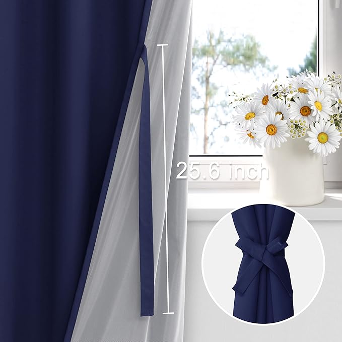 XWZO 100% Blackout Curtains 2 Panels with Tiebacks- Heat and Full Light Blocking Window Panels with Grommets for Bedroom, 84 Inches Long Thermal Insulated Draperies, Navy Blue, W70 x L84, Set of 2