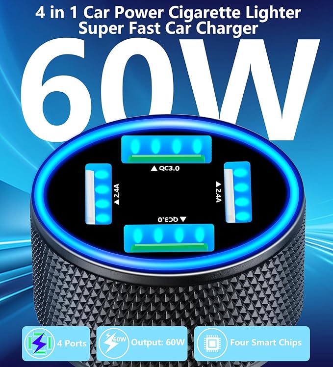 USB Fast Car Charger, Stuffcool 60W 2USB-A + 2QC3.0 Car Power Adapter 4-Port Car Charge Cigarette Lighter USB Charger Car Carplay Charger for iPhone 17 17 Pro 16 15 14 13 12/Galaxy S26 S25/Pixel/iPad
