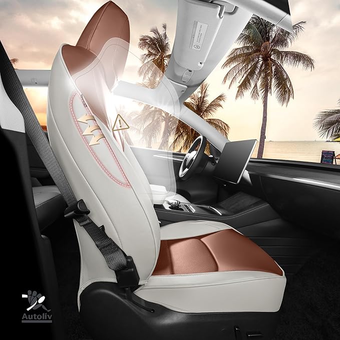 Leather Car Seat Cover for Tesla Model Y 2020 2021 2022 2023 2024 Customized Fit Front and Rear Seat Covers (Beige+Brown-Model Y)