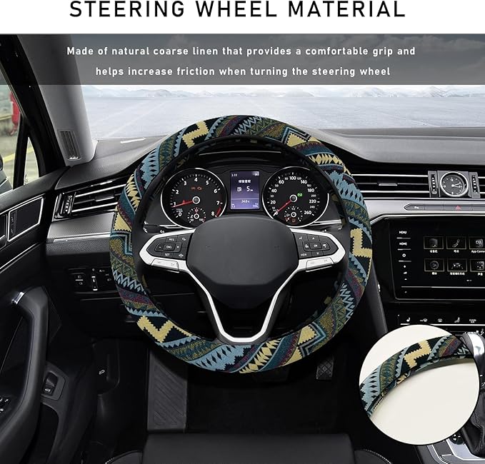 Boho Steering Wheel Cover, 15.0"×15.0" Anti-Slip Baja Blanket Ethnic Steering Wheel Protector, Breathable Flax Cloth Elastic Bohemian Steering Wheel Cover, Car Accessories (Style H)