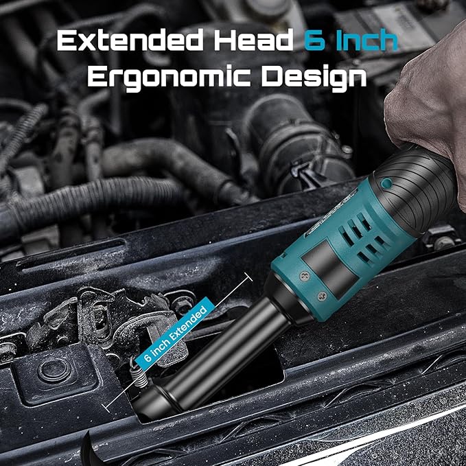 Seesii Extended Cordless Electric Ratchet Wrench 3/8", 40 Ft-lbs Torque, 6" Long Neck, 220RPM, 2 Pack 2.0Ah Battery, Fast Charger, 1/4 Drive Adapter, 7 Sockets, for Car Repair, DIY