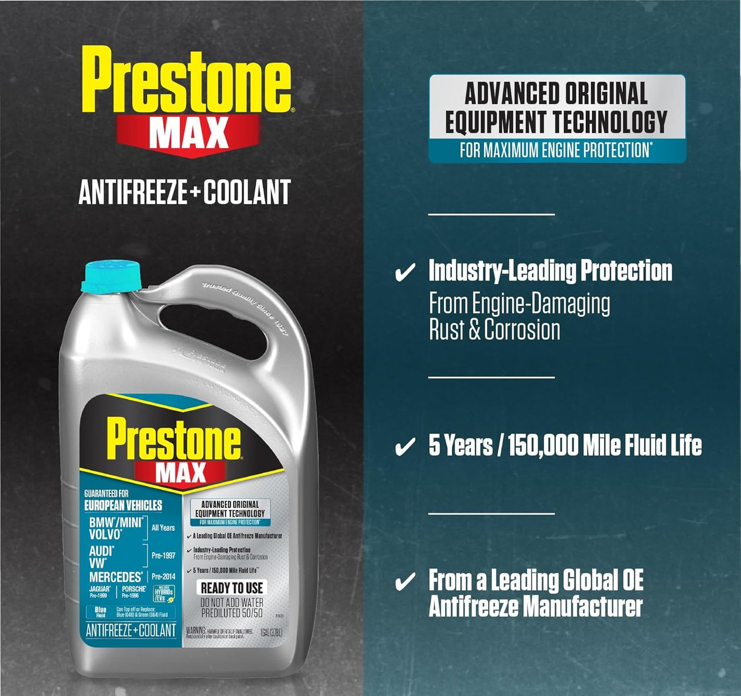 Prestone MAX Euro Blue 50/50 Antifreeze Automotive Coolant, Pack of One (Pack of 2)