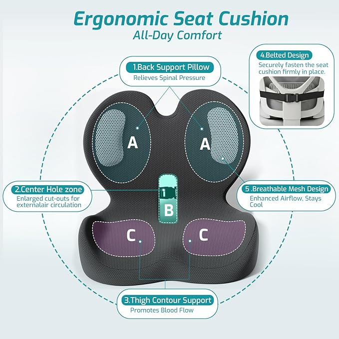 Trucker Seat Cushion, Car Seat Cushions with Lumbar Support Pillow, Ergonomic L-Shaped Orthopedic Memory Foam Pad for Long Driving Back Pain Sciatica Relief, Drivers Office Workers (Black+WE)