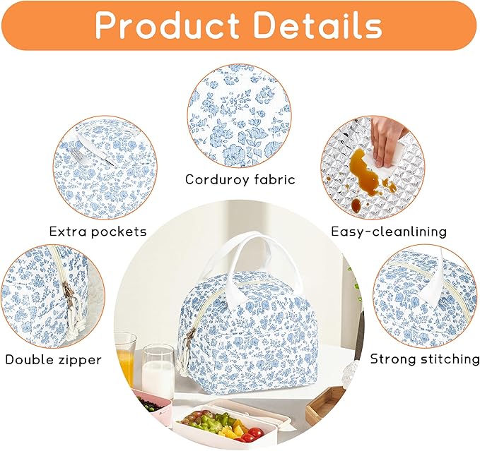 Lunch Bag for Women Insulated Lunch Box Cute Corduroy Lunch Tote Bags Reusable Large Capacity Cooler Bag for Travel Work Picnic