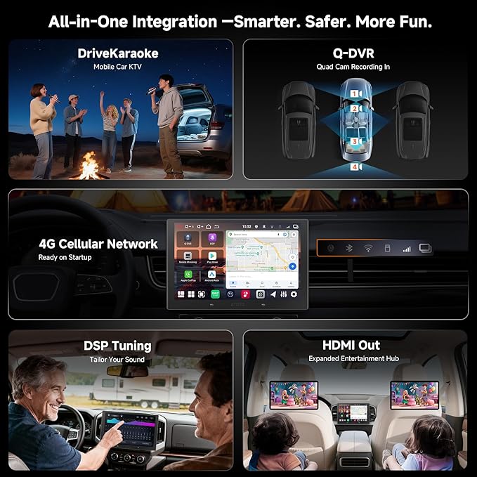 V10 10inch QLED Android Double Din Car Stereo, 6G+128G, 4G LTE, in‑Car Karaoke, Pro DSP w/4V Pre-Outs, 4 Channel Dash Cam Recording, Supports 8K Video, Wireless CarPlay&Android Auto