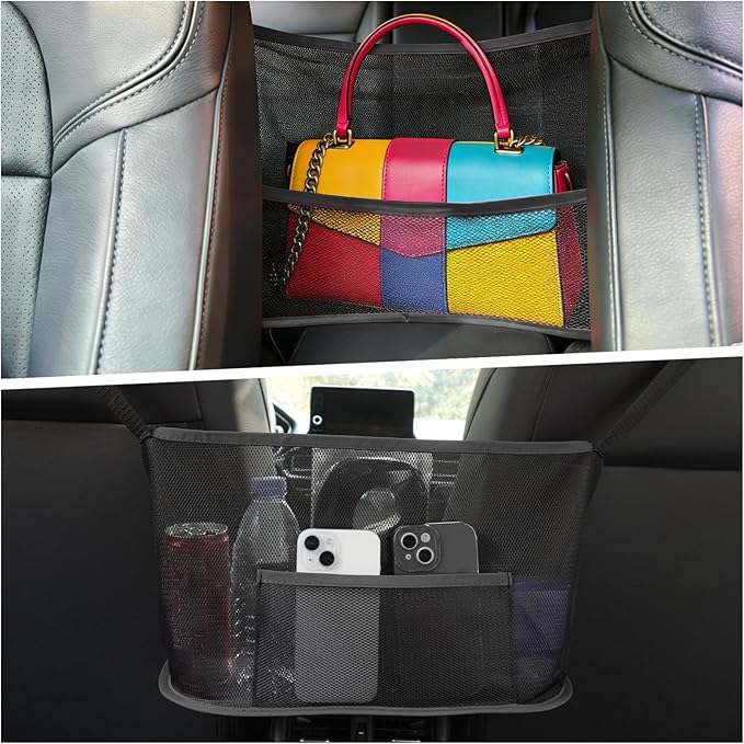 Car Storage Bag, Auto Net Pocket Handbag Holder, Driver Storage Netting Pouch for Document Phone Tissue Purse Storage, Organizer Mesh Bag Between Two Seats, Backseat Pets Barrier, Black