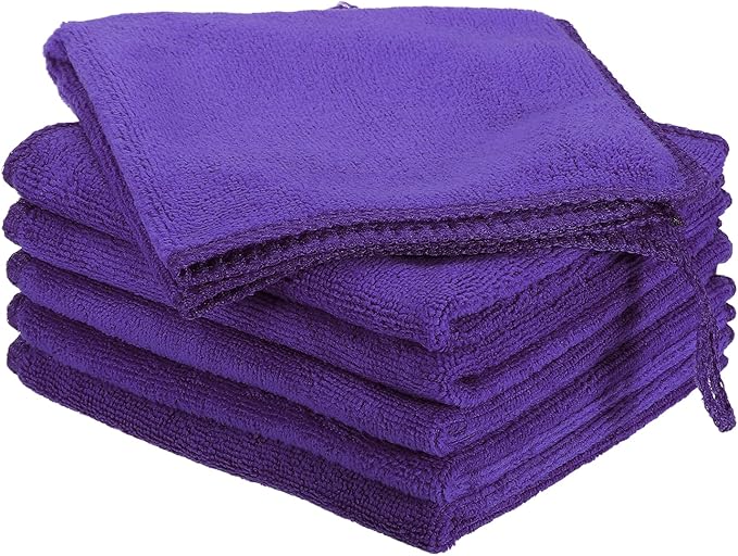 HARFINGTON 6 Pack Microfiber Cleaning Cloth, 12" x 12" Multi-Functional Cleaning Towels Reusable Absorbent Rags with Hook for Car Wash Kitchen Household Window Clean, Purple