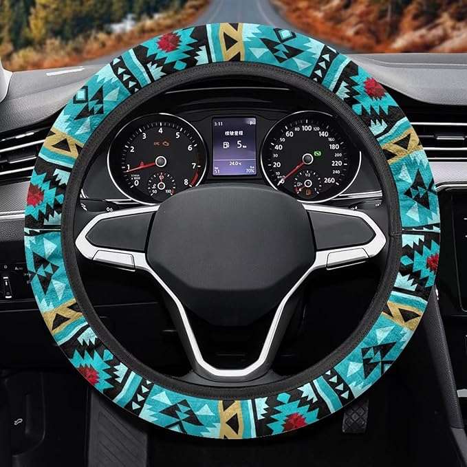 SEANATIVE Universal Steering Wheel Cover, Easy to Disassemble, Non-Slip Soft Steering Wheel Cover, Blue Aztec Print Auto Decor Accessiores