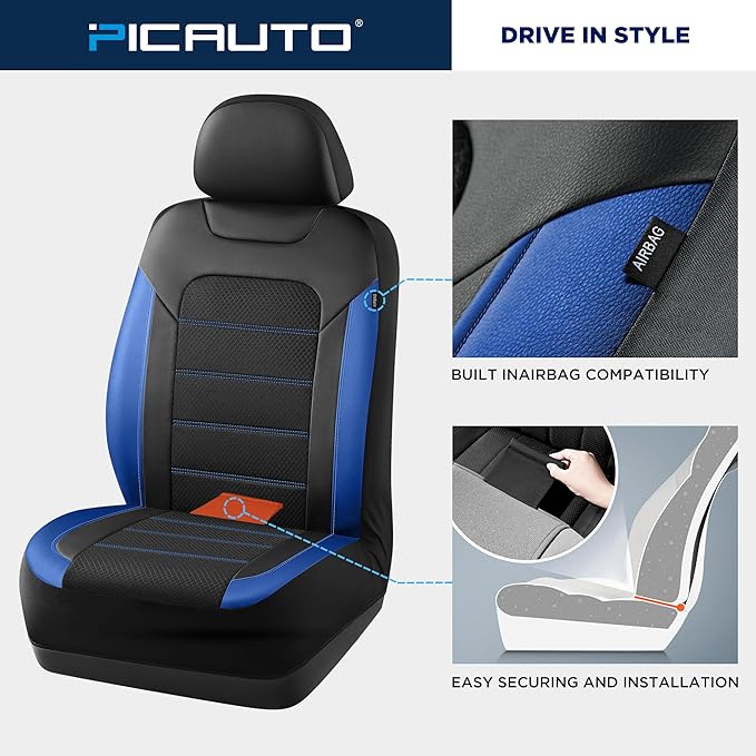 PIC AUTO Car Seat Covers, Premium Leather and Air Mesh Automotive Sports Seat Covers, Two Front Set, Airbag Compatible Universal Fits Most Cars, SUVs, Trucks and Vans (Black & Blue)