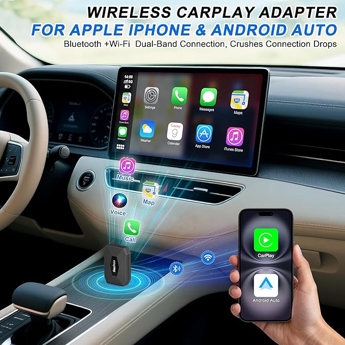 Wireless CarPlay Adapter for iPhone – Converts Wired to Wireless CarPlay for Android Auto with Fast Stable 5.8GHz & Bluetooth Connect & Plug and Play USB & USB-C – No Delay Apple CarPlay, Black