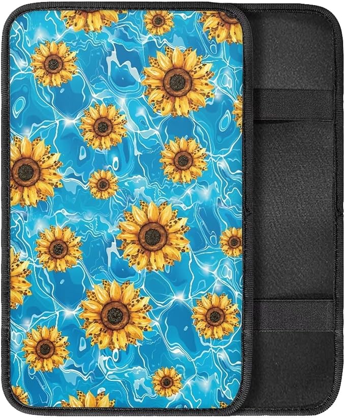 Blue Sunflower Thin Car Armrest Pads Auto Armrest Box Cover Comfortable Middle Storage Organizer Pad Universal Style Car Accessories Decor