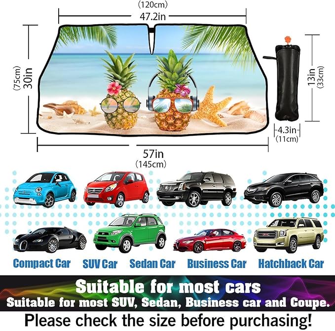 CHILL·TEK Funny Car Windshield Sun Shade Umbrella, Hawaiian Pineapple Car Sun Shade Umbrella, Block UV Rays Heat Foldable Windshield Umbrella Sun Visor Protector - Keep Vehicle Cool for Cars SUV