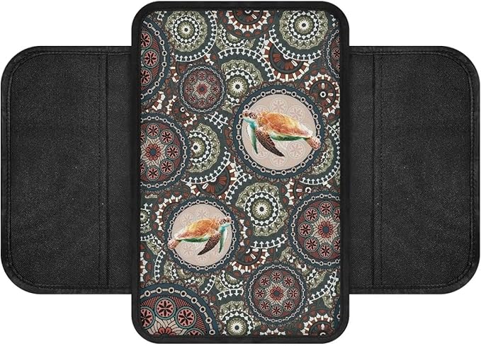 Boho Mandala and Turtle Print Car Armrest Cover Breathable Auto Center Console Pad with 2 Storage Bags Anti-Slip Car Armrest Cover Cushion Universal Fit for Sedan Truck SUV