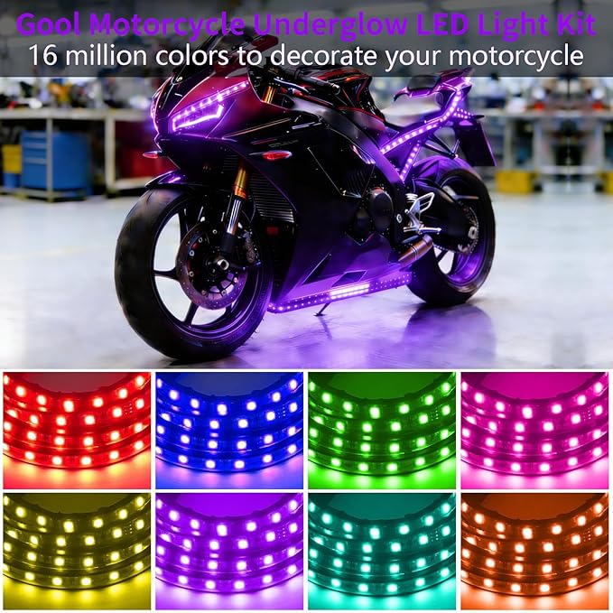Motorcycle LED Underglow Kit, RGB LED Strips Waterproof Motorcycle Lights, Motorcycle Lights Underglow Kit with APP Control (10Pcs+APP+USB)