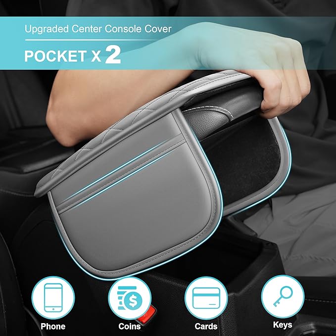 Center Console Cover Fit for Kia Sorento 2003-2025 with 2 Storage Bags Waterproof Leather Quilted Pattern Car Armrest Cover Cushion Anti - Slip(Grey&White Line)