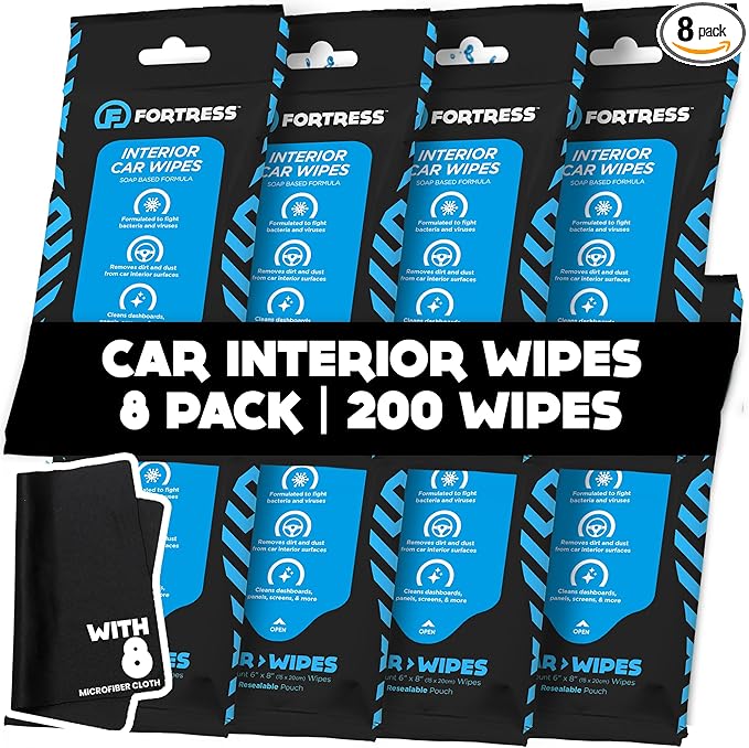 Fortress Car Interior Wipes with Microfiber Cloth (25 ct, Pack of 8) for Car Interior Cleaning, Dashboard, Seats, Detailing, and Steering Wheel [Travel Size] Skin-Safe Car Interior Cleaner Supplies