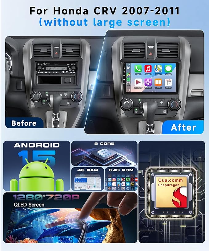 Qualcomm 8-core 4G+64G Car Stereo Radio for Honda CRV 2007-2011, Upriding 9-Inch 1280P QLED Touchscreen Radio with 5G WiFi Wireless Carplay Android Auto BT5.1 DSP/Hi-Res Audio SWC GPS Backup Camera