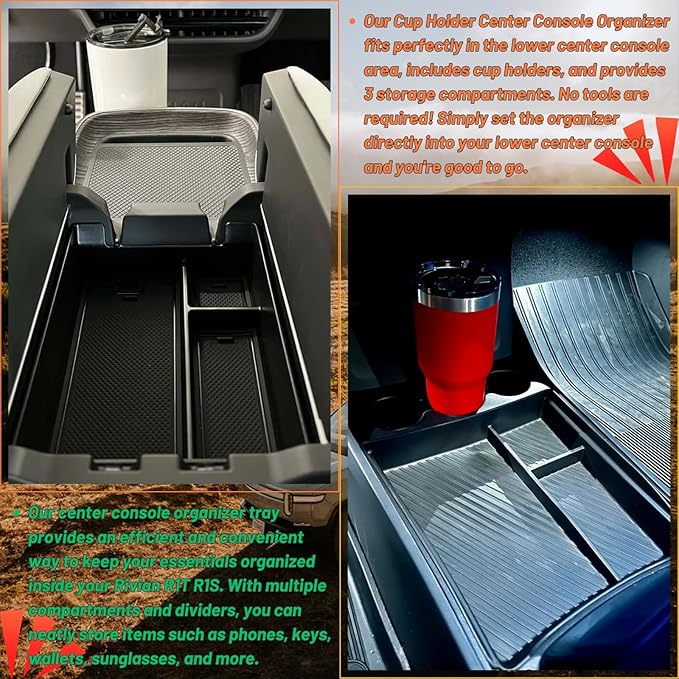 Lower Center Console Organizer Tray with Cup Holder/Armrest Organizer Storage Box Compatible with 2026 2025 2024 2023 2022 Rivian R1s R1t Interior Insert Accessories, Black - 2 Pack