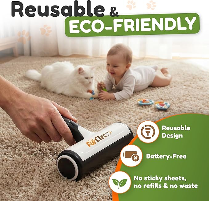 FurClean Pet Hair Removal Roller - Electrostatic Absorption Reusable Lint Rollers for Pet Hair - Cleaning Tool for Furniture, Couch and Carpet - Large Storage Compartment with Easy Disposal