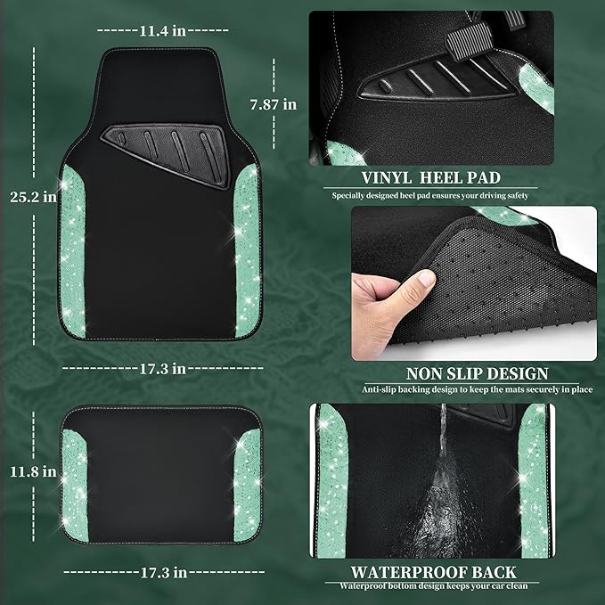 CAR PASS Universal Mint Leather Lace Car Seat Covers Full Set for Women Girls, Waterproof Car Floor Mats Carpet, Glitter Steering Wheel Cover for Car Accessories Interior Sets,10PCS Included