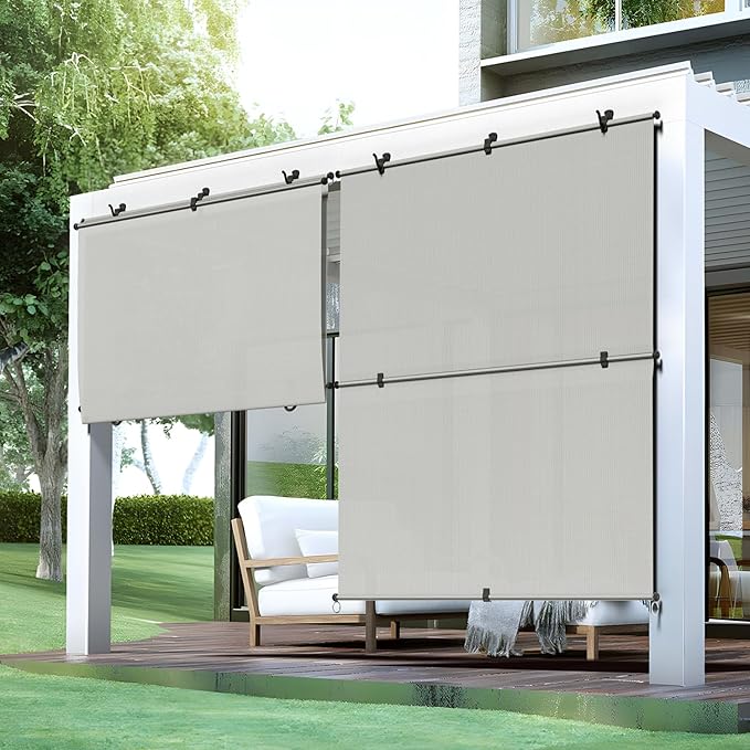 Bynbbur 6'W x 9'H Outdoor Patio Shades Foldable Roller Blinds, 220 GSM Sun Shade Roll Up Porch Screens Exterior Shade Cloth for Deck Pergola Backyard, Light Gray