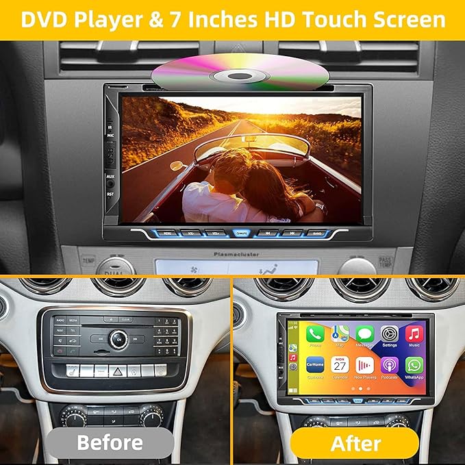 Double Din Car Stereo with CD/DVD Player, Apple CarPlay/Android Auto 7” Double din Radio with Backup Camera, Mirror Link, Bluetooth, AM FM Radio Receiver, SWC, Subwoofer, USB/TF/AUX…