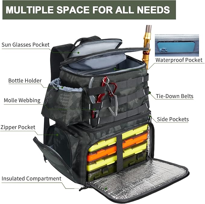 MATEIN Fishing Backpack, Water Resistant Tackle Storage Bag with Rod Holders & Cooler, Fishing Gifts for Men