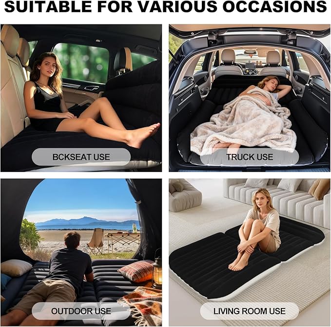 SUV Car Air Mattress – Inflatable Back Seat Bed with Electric Air Pump, Portable Camping Travel Sleeping Pad, Blow Up Car Bed (Black)