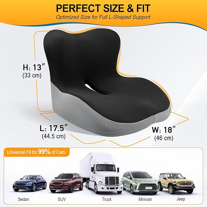 Memory Foam Car Seat Cushion with Lumbar Support, L-Shaped Ergonomic Design for Long Driving, Pressure-Relief Comfort for Car, SUV, Semi Truck & Office Chair