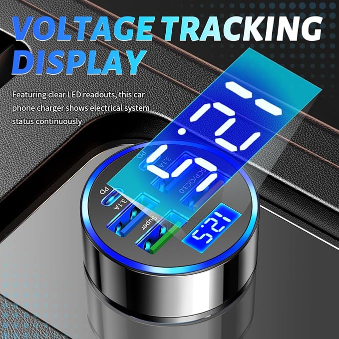 6 in 1 Cigarette Lighter USB Charger,PD+QC3.0 Car Charger USB C Fast Charge with Voltage Display,Multi Port Super Fast Cars Chargers Adapter Car Accessories for 12V/24V Vehicles