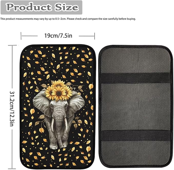 Suobstales Elephant Sunflower Leaf Print Car Armrest Pad Soft Center Console Arm Rest Protector Cover Universal Car Interior Accessories Decoration