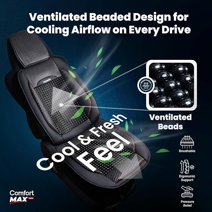 Beaded Car Seat Cover – Wooden Bead Massage Support with Breathable Cooling Mesh – Universal Fit for Sedan, SUV & Truck (1 Pack, Royal Black)