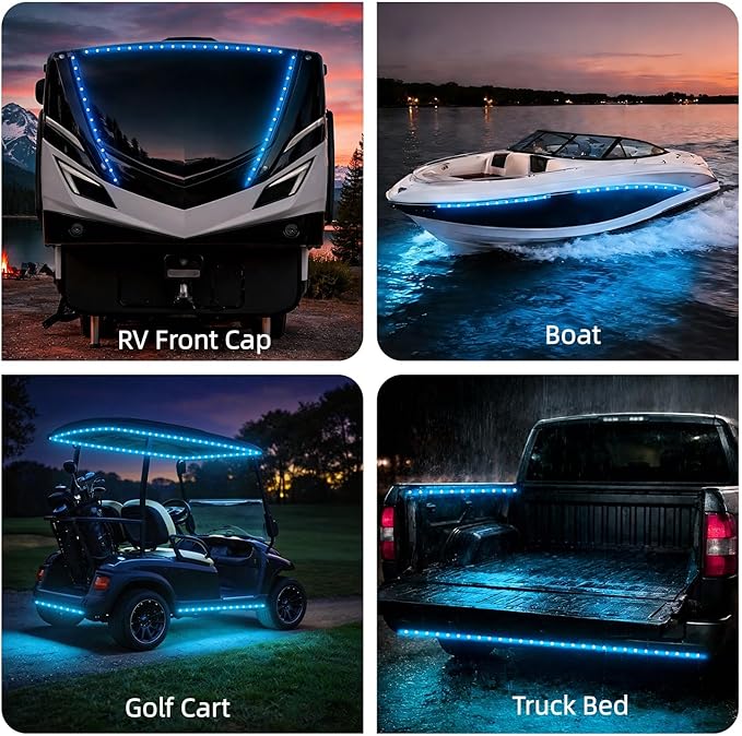 12V Marine Boat LED Light Strip Super Bright, 2 Pack 6.56FT IP68 Fully Waterproof RV Front Cap Lights, Golf Cart Underglow Roof Lights Strip for Truck ATV UTV SUV Car Pickup Trailer, Cuttable, Blue