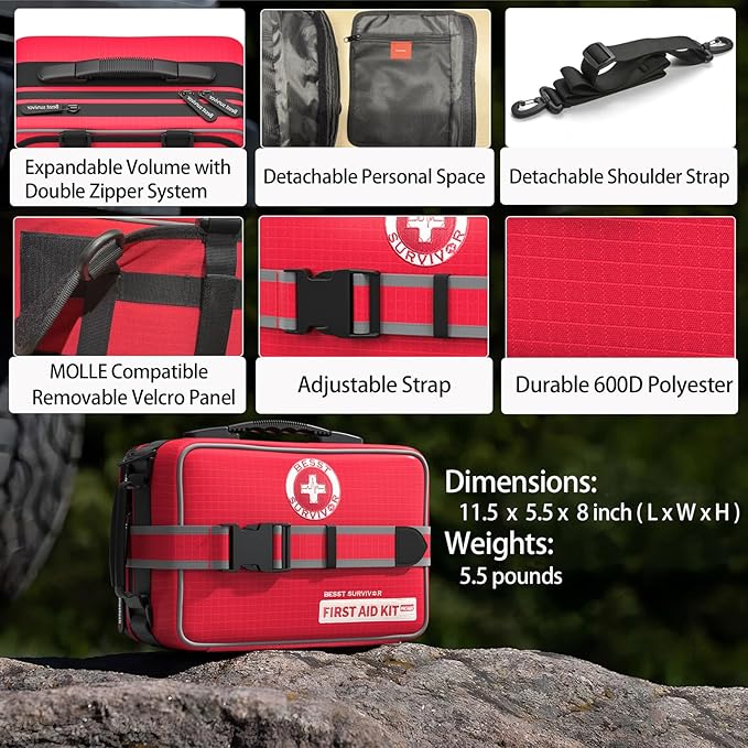 Besst Survivor 401 Piece First Aid Kit with Chest Seals -Labeled, Expandable & Mountable, Emergency Medical Kit for Home, Car, Camping & Outdoor, Waterproof Trauma Kits with Labeled Compartments
