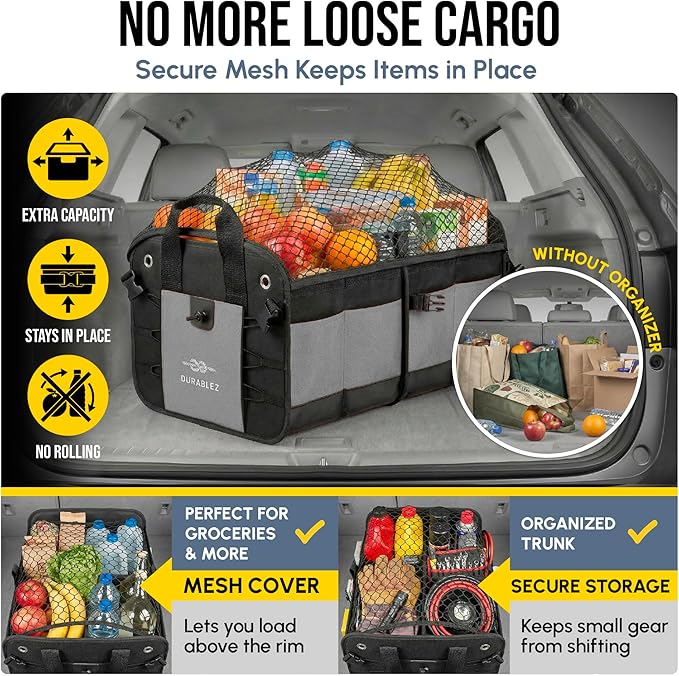 Modular 4-Section XL Trunk Organizer – Car Storage for Groceries, Tools, Sports Gear, Emergency Kits – Extra Large Multi-Compartment Cargo Box, Collapsible & Heavy Duty – Gray
