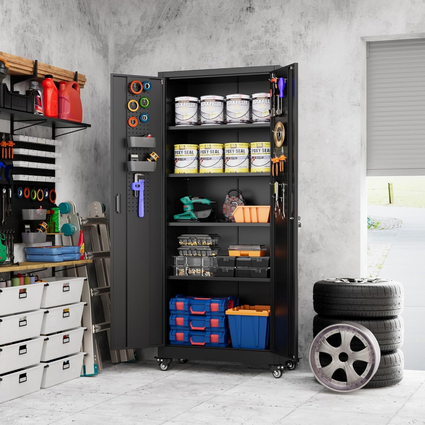 Metal Storage Cabinet with Wheels, Pegboard and 4 Hooks, 73" H Garage Storage Cabinet with 4 Adjustable Shelves and 2 Lockable Doors for Garage Home Office Warehouse, Black, Assembly Required