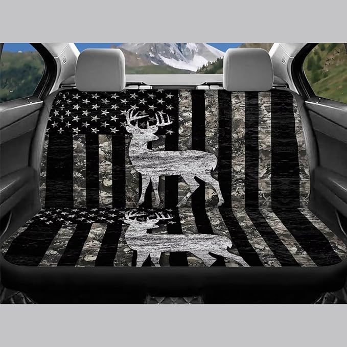 KEIAHUAN Car Seat Covers Full Set of 4 American Flag Deer Camo Hunting Breathable Comfort Auto Interior Seat Protector Front Back Universal Fits Most Cars, Vans, SUVs, Trucks