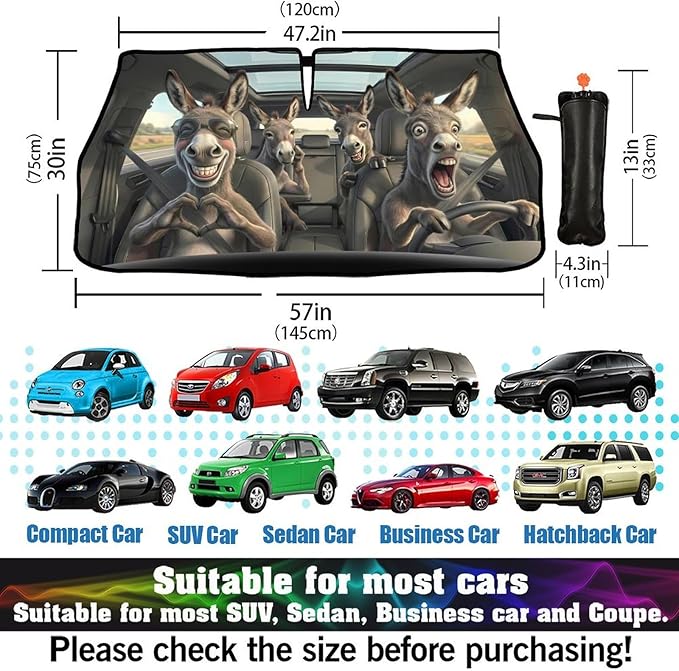 Socira Funny Donkey Car Windshield Sun Shade Umbrella Foldable Sunshade for Front Window Auto Windshield Sunshade Covers Car Accessories Protect from Sun Rays Heat Gifts 57'' X 30''