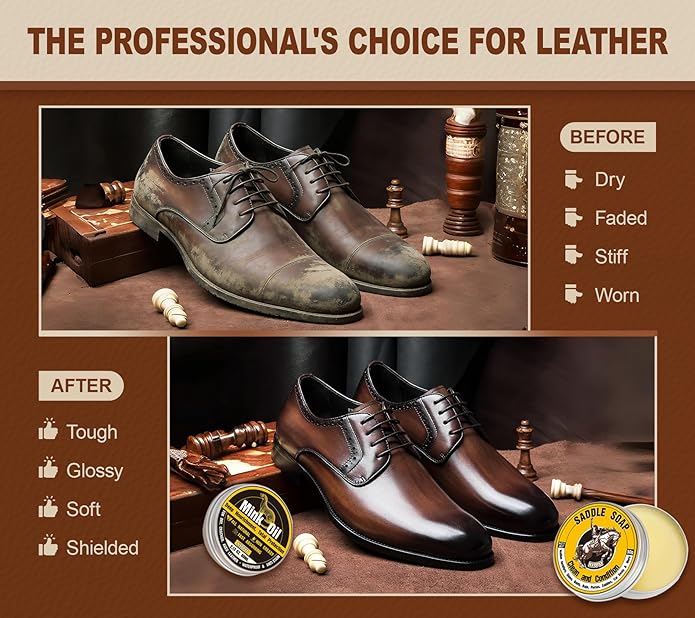 Leather Boot Care Kit, Mink Oil & Saddle Soap for Leather Cleaning & Leather Boots, 6-in-1 Leather Shoe Care Kit, Leather Cleaner and Conditioner for Purses, Shoes, Boots, Couch, Car