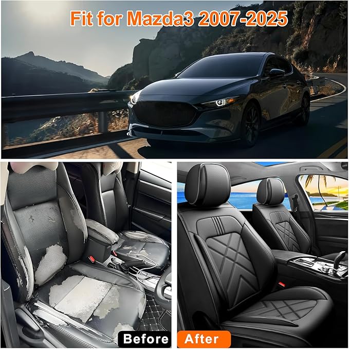 Car Seat Covers Fit for Mazda 3 2007-2025 2026, Premium Leather, Full Coverage Leather Waterproof Breathable Seat Covers, Automotive Seat Protectors, Airbag Compatible(Full Set Seats, Black)